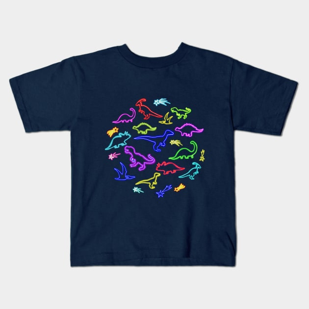 Neon Dinosaurs Kids T-Shirt by Lyara Costa